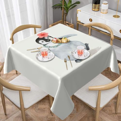 WKSGDSG Farmhouse-Tischdecken für quadratische Tische, Pinguin mit Blumen, Tischdecke für drinnen und draußen, abwischbar, waschbar, weiche Polyester-Tischdecke für Küche, Party, Bankett von WKSGDSG