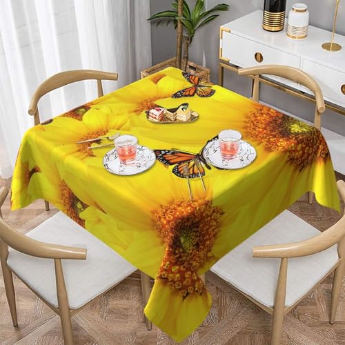 WKSGDSG Farmhouse-Tischdecken für quadratische Tische, gelbe Blumen, Schmetterlinge, Tischdecke für drinnen und draußen, abwischbar, waschbar, weiche Polyester-Tischdecke für Küche, Party, Bankett von WKSGDSG