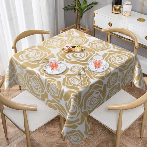 WKSGDSG Farmhouse-Tischdecken für quadratische Tische, viele goldene Blumen, Tischdecke für drinnen und draußen, abwischbar, waschbar, weiche Polyester-Tischdecke für Küche, Party, Bankett von WKSGDSG