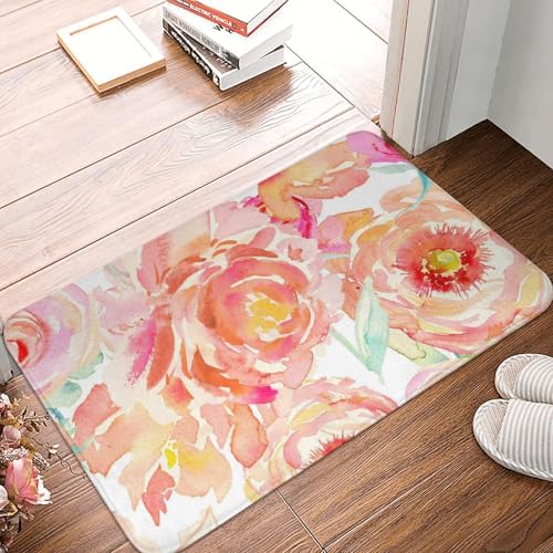 WKSGDSG Rutschfeste Flanell-Fußmatte, 60 x 40 cm, super saugfähiger Eingangsteppich, pfirsichfarbene Pfingstrosen-Fußmatten, rutschfeste, dicke Willkommensmatte für Vorder- und Hintertür, Garage von WKSGDSG