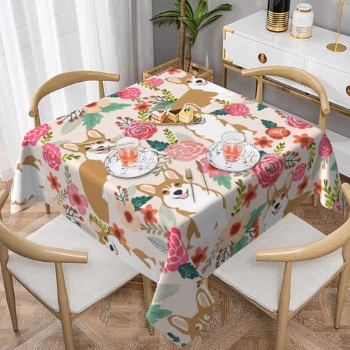 WKSGDSG Wasserdichte, quadratische Tischdecke, 152 x 152 cm, auslaufsicher und knitterfrei, dekorative Tischdecke für Esstisch, Küche, Party, Corgi-Blumen-Tischdecken für Esszimmer von WKSGDSG