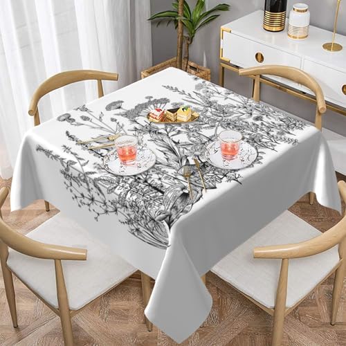 WKSGDSG Wasserdichte, quadratische Tischdecke, 152 x 152 cm, auslaufsicher und knitterfrei, dekorative Tischdecke für Esstisch, Küche, Party, schwarze und weiße Blumen-Tischdecken für Esszimmer von WKSGDSG