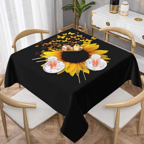 WKSGDSG Wasserdichte quadratische Tischdecke, 152 x 152 cm, auslaufsicher und knitterfrei, dekorative Tischdecke für Esstisch, Küche, Party, Sonnenblumen, Blumen, Schmetterlinge, Kunst-Tischdecken für von WKSGDSG
