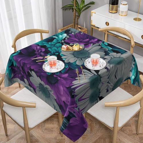 WKSGDSG Wasserdichte quadratische Tischdecke, 152 x 152 cm, auslaufsicher und knitterfrei, dekorative Tischdecke für Esstisch, Küche, Party, lila und blaugrüne Blumen, Tischdecken für Esszimmer von WKSGDSG