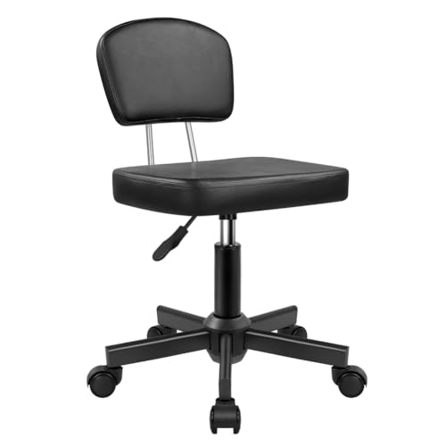 Rollhocker Stuhl mit Rückenlehne Höhenverstellbar 360° Drehhocker mit Rädern Quadratischer Sitz PU-Leder Rollhocker für Schlafzimmer Theke Shop Salon Massage Home Office Zeichenarbeit (Schwarz) von WKWKER