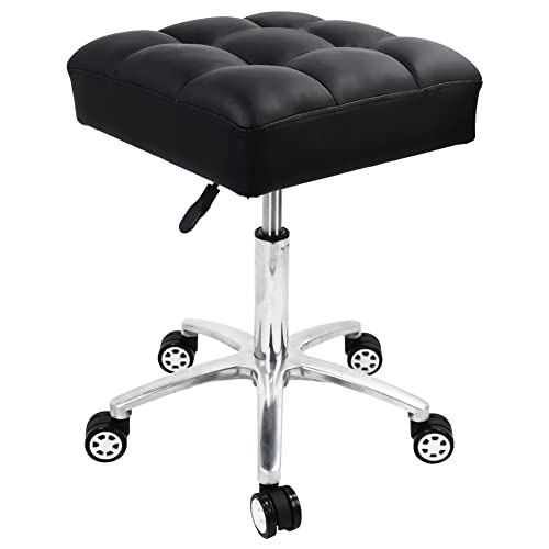 WKWKER Deluxe Square Höhenverstellbarer Rollhocker Hochelastischer Super Soft Foam Sitz mit Aluminiumlegierung Basis für Office Tattoo Spa Gesichtsmassage Hocker (Schwarz) von WKWKER