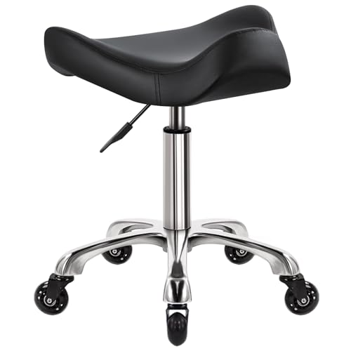 WKWKER Heavy Duty Home Office Hocker Mit Rädern Swivel Einstellbare Hocker Mit Ergonomischen Dicker PU-Leder Sitz Hocker Stuhl Für Küche Zeichnung Beauty Lab Office Salon Massage Hocker (Schwarz) von WKWKER