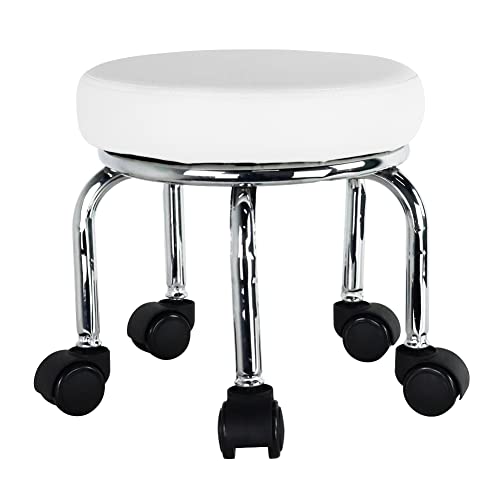 WKWKER Kleiner Rollhocker PU Leder Rollsitz 360 ° Drehbar Niedrige Runde Hocker mit Universal Rollen für Home Massage Garten Büro Garage Shop Fitness Sport, H: 31.5cm (Weiß) von WKWKER
