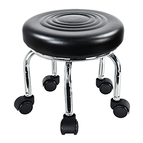 WKWKER Moderner Kleiner rollender Hocker PU Leder Rollsitz 360 ° drehbar niedrige runde Hocker mit Universal Rollen für Home Massage Garten Büro Garage Shop Fitness Sport, H: 30.5cm (Schwarz) von WKWKER