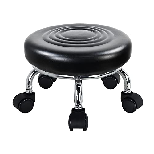 WKWKER Moderner Rollensitz PU Leder Niedriger runder Rollhocker Drehgelenk Kleiner Hocker mit Universal Rollen für Home Office Garage Shop Fitness Sport, H: 21.3cm (Schwarz) von WKWKER