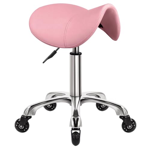 WKWKER Sattelhocker auf Rädern Drehstuhl Verstellbarer Hocker Dicker Ledersitz Schönheitshocker Stuhl für Küche Hocker Zeichnen Labor Büro Massagehocker Rosa von WKWKER