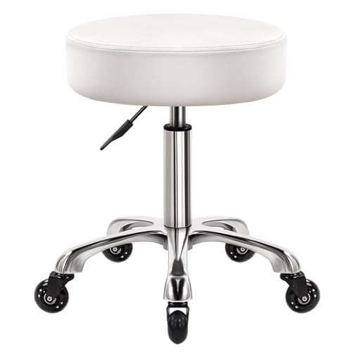 WKWKER Robuster Rollhocker mit Rädern Hydraulischer Drehgelenk Verstellbarer Rollhocker Ergonomischer Dicker Leder Sitzhocker Stuhl für Küche Zeichnen Labor Büro Salon Nachricht Hocker - Weiß von WKWKER
