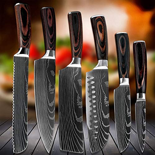 Küchenchef Messer Damaskus Muster Hohe Carbon Edelstahl Nichtstock Frozen Santoku Utility Cleaver Brot Messer Chefmesser (Color : 6PCS set) von WKXCTS