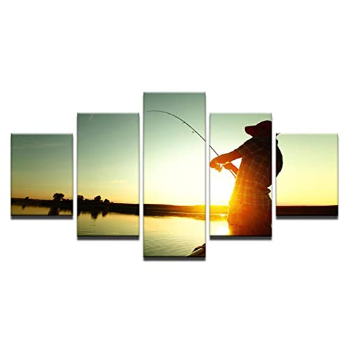 5 Paneele Leinwand Wandkunst Poster Angelszene Angelrute Fotografie Kunst Fünfteiliges Mosaik Home Living Room Fishing Club Dekorative Malerei Kein Rahmen W100*H50cm von WKqifeil