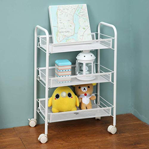 WLABCD Kitchen Bathroom Shelf,3-Tier Metal Utility Service Cart Rolling Storage Shelves with Handles, Storage Organizer Multifunction Mesh Basket Standing Shelf with Handles and Wheels,White,Bathroom von WLABCD