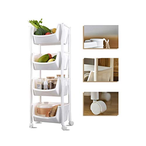 WLABCD Kitchen Bathroom Shelf,4-Tier Bathroom and Kitchen Storage Rack - Plastic Small Mobile Shelving - Narrow Space Organizer - Multifunction Standing Shelf with Wheels - White von WLABCD
