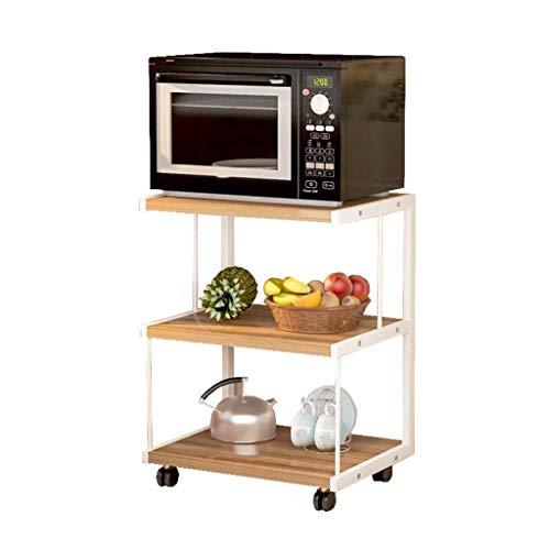 WLABCD Kitchen Bathroom Shelf,Movable 3-Layer Kitchen Microwave Oven Bracket Cart Shelf Floor-Mounted Storage Shelf with Caster Wheels White Stainless Steel Frame + Light Walnut von WLABCD