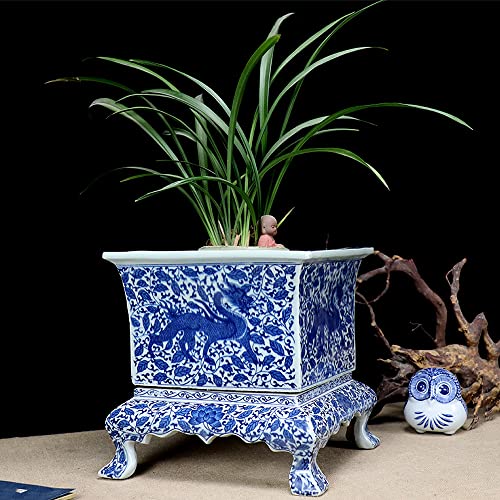 WLBHWL Blumentopf Jingdezhen Chinesische Orientalische Blau-Weiß-Keramik-Blumentöpfe Indoor Mit Sockel Blau-weißes Porzellan Handbemalt Vier Ecken Chinesischer Blumentopf von WLBHWL