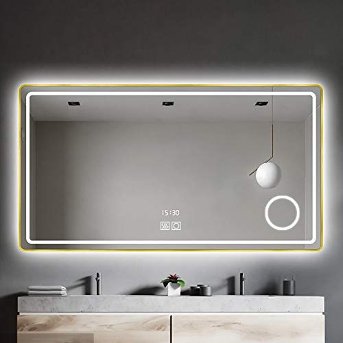 WLCNYL Badezimmerspiegel, LED-Wandspiegel, beschlagfrei, dimmbar, mit Zeit- und Temperaturanzeige, integrierter 3-facher Lupe (27 x 34 Zoll) von WLCNYL