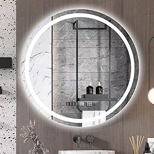 WLCNYL Runder LED-Badezimmerspiegel, beschlagfreier Kosmetikspiegel zur Wandmontage mit Beleuchtung, 3 Beleuchtungsmodi, einstellbare Helligkeit, mit Touch-Taste, Zeit- und Temperaturanzeige von WLCNYL