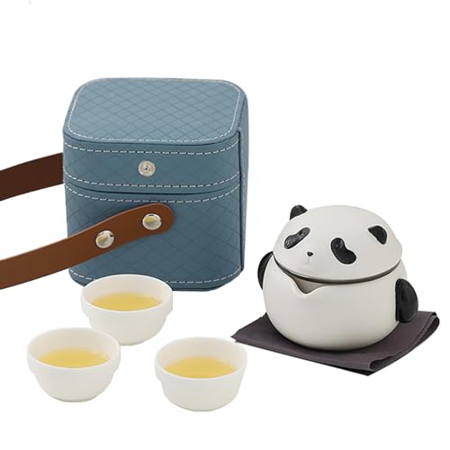 Niedliches Panda-Mini-Teeservice 1 Gongfu-Teekanne 3 Keramik-Teetassen mit tragbarer Tasche für Teeliebhaber Büro Picknick Reisen,Blau,1 von WLDOCA
