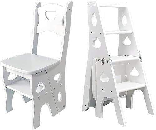 Tritthocker 4-stufiger Tritthocker aus Holz, multifunktionaler Klappleiterstuhl mit Sitz, tragbarer Regalständer for die Küche im Home Office hocker(Blanc) von WLH Alexanders