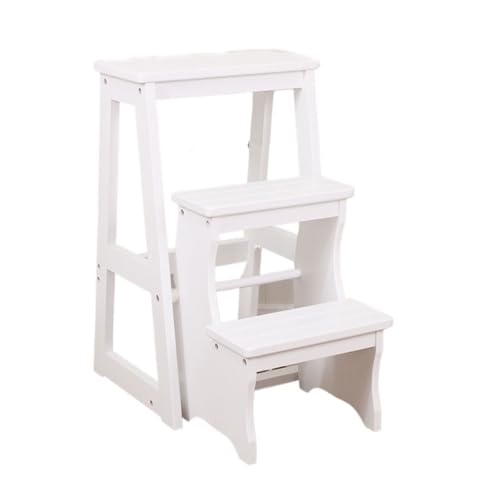 WLH Alexanders Tritthocker Treppenhocker aus Massivholz, multifunktionaler Klapptreppenstuhl mit DREI Stufen, geeignet for Küche, Bad und Büro hocker(Blanc) von WLH Alexanders