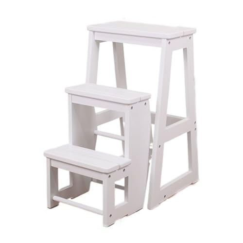 WLH Alexanders Tritthocker Treppenhocker aus Massivholz, multifunktionaler dreistufiger Leiterstuhl, Klapptreppe, geeignet for Küche, Bad und Büro hocker(Blanc) von WLH Alexanders