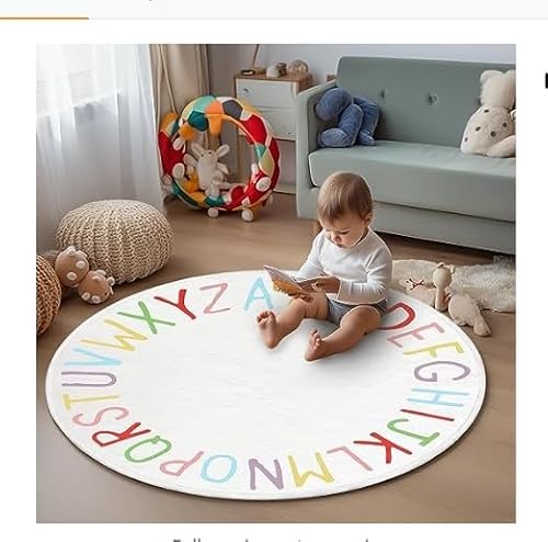 WLH Alexanders Waschbarer Teppich, rund, weich und flauschig, Alphabet-Teppich, pelzig, glatt, for die Inneneinrichtung im Wohnzimmer (Größe: 80 x 80 cm)(Blanc,80 * 80CM) von WLH Alexanders