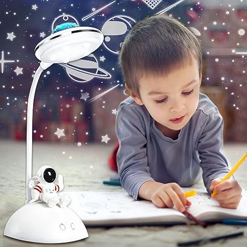 WLHBF Schreibtischlampe Kinder, LED Astronaut Tragbar Tischlampe, Leselampe mit Projektion &Bleistifthalter, Schreibtischlampe Dimmbar Wiederaufladbar Lampe für Student Schlafsaal Studie Lesen von WLHBF