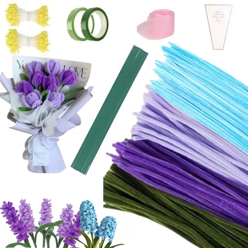 WLHFDC 400 Stück Pfeifenputzer zum Basteln,Pfeifenreiniger Blumen Set,4 Farben Pfeifenreiniger zum Basteln,mit Blumendraht,Schleifenband,Blumen Staubblatt für Blumenstrauß DIY Dekorationen Lila von WLHFDC