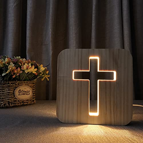 Jesus Kreuz Nachtlicht,Kreative Modellierung 3D Holzschnitzerei LED Nachtleuchte,USB-betriebener Warmweiß Licht Tischlampe Schlafzimmer Dekoration Holzlampe Beleuchtetes Geschenk Christen Religiös von WLHONG