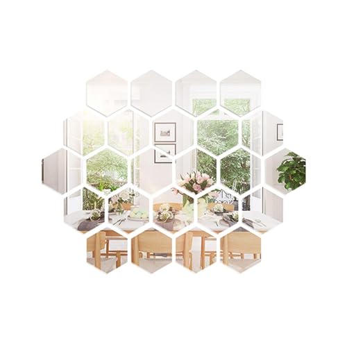 24 Stück Hexagon Spiegelfliesen Selbstklebend, Acryl Spiegel Wandaufkleber, DIY Wandspiegel, Selbstklebend Wandtattoo für TV Einstellung Wand Wohnzimmer Schlafzimmer Dekoration Silber von WLICCHS