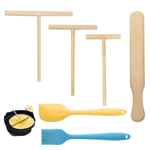 6 Stück Crepes Zubehör Set 3 Buchenholz T-Form Teigverteiler (9/12/18 cm) Buchenholz Pfannkuchenwender Silikon Spatel und Silikonbürste, für Crêpes Pfannkuchen von WLICCHS