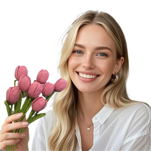 WLIHDB HäKelstrauß 6 Stück Gefälschte Tulpen Künstlicher Blumenstrauß zur Dekoration, Häkelblumen for Tischdekoration FüR Geburtstag Hochzeit(Pink) von WLIHDB
