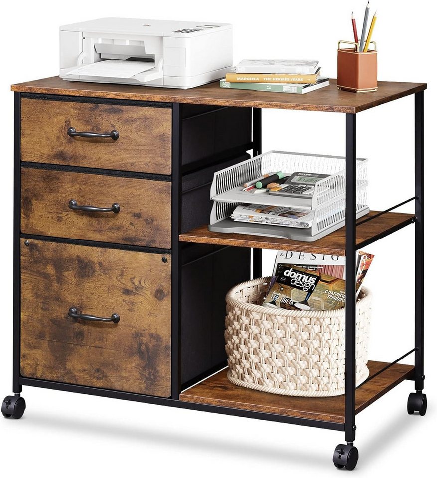 WLIVE Aktenschrank Rollcontainer mit 3 Schubladen & 2 Ablagen, Mobiler Aktenschrank (Druckertisch für DIN A4/Legal/Letter, Breit 75cm) Schubladenschrank auf Rollen für Büro & Home Office von WLIVE