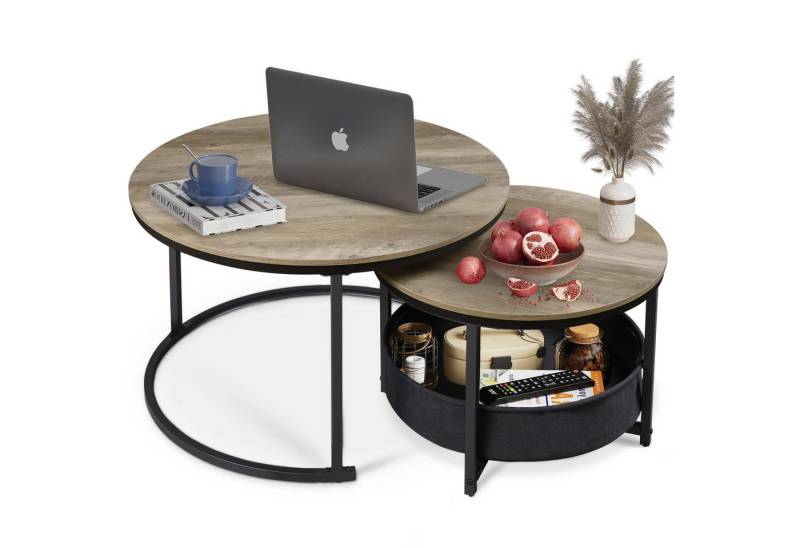 WLIVE Couchtisch Couchtisch 2er‑Satztisch rund mit Stauraum, (Beistelltisch mit Stoffkorb & Metallgestell, Holzoptik, 2er Set), 2 in 1 Verschachtelung von WLIVE