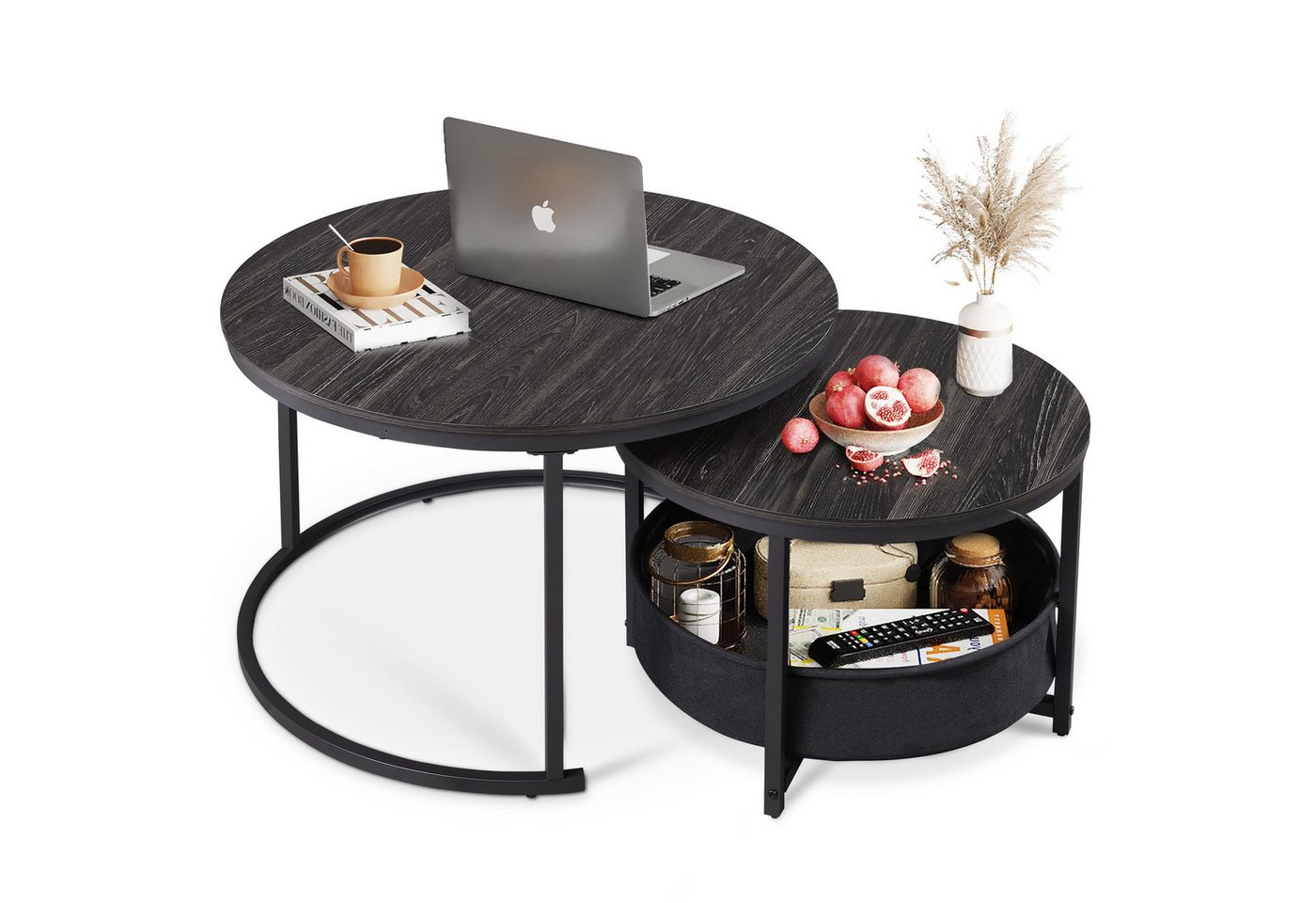 WLIVE Couchtisch Couchtisch 2er‑Satztisch rund mit Stauraum, (Beistelltisch mit Stoffkorb & Metallgestell, Holzoptik, 2er Set), 2 in 1 Verschachtelung von WLIVE
