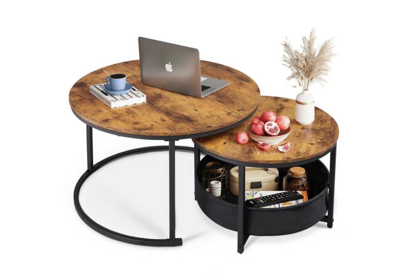 WLIVE Couchtisch Couchtisch 2er‑Satztisch rund mit Stauraum, (Beistelltisch mit Stoffkorb & Metallgestell, Holzoptik, 2er Set), 2 in 1 Verschachtelung von WLIVE