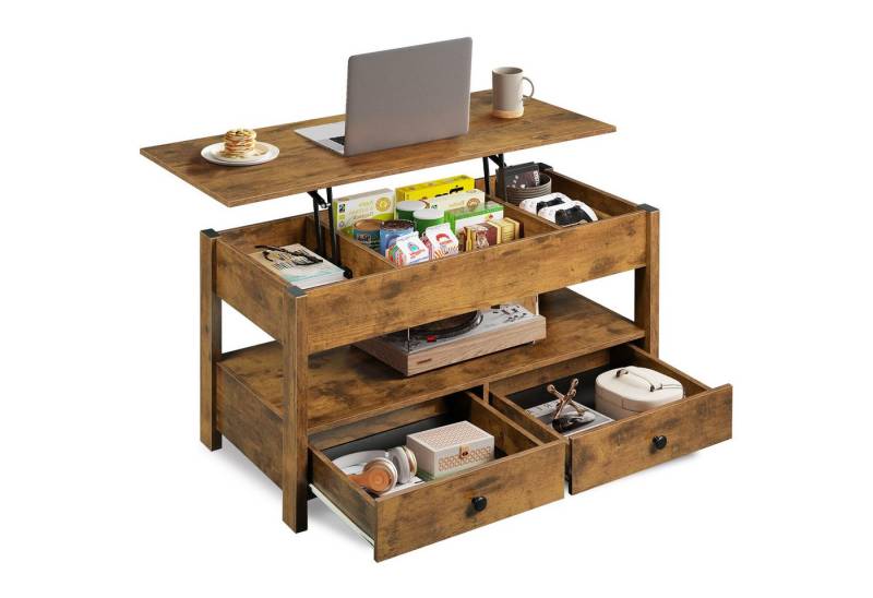 WLIVE Couchtisch mit Lift-Top, höhenverstellbarer Wohnzimmertisch mit Stauraum (2 Schubladen & offener Ablage, verstecktes Fach), Lift-Top Tischplatte, 100 × 50 × 48–61 cm, Schwarz/ Braun von WLIVE