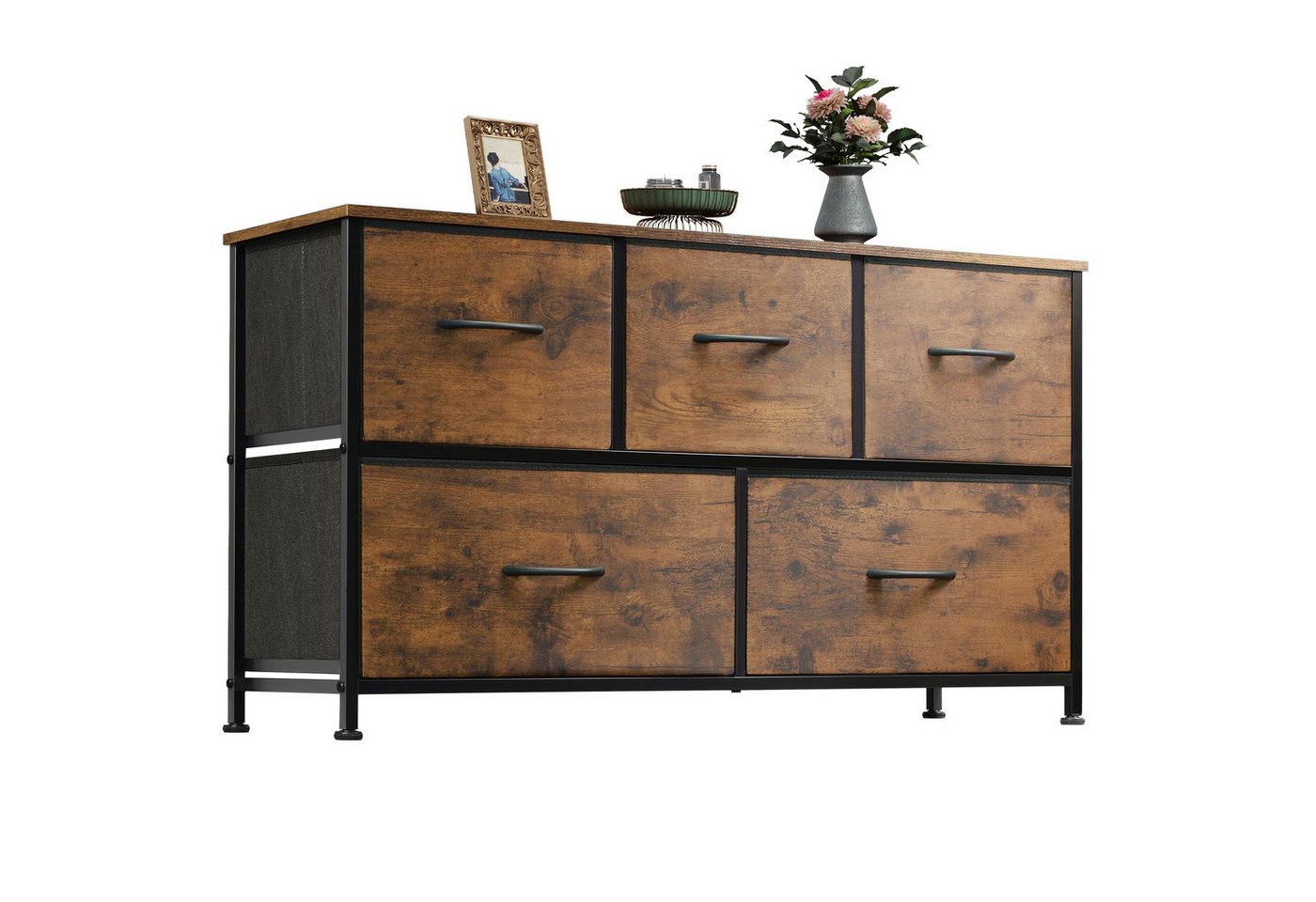 WLIVE Kommode Kommoden mit 5 Schubladen für schlafzimmer (Stauraumschrank Kommode mit Stoffschubladen), Kommode Wohnzimmer, mit Stabiler Stahlrahmen und Holzplatte von WLIVE