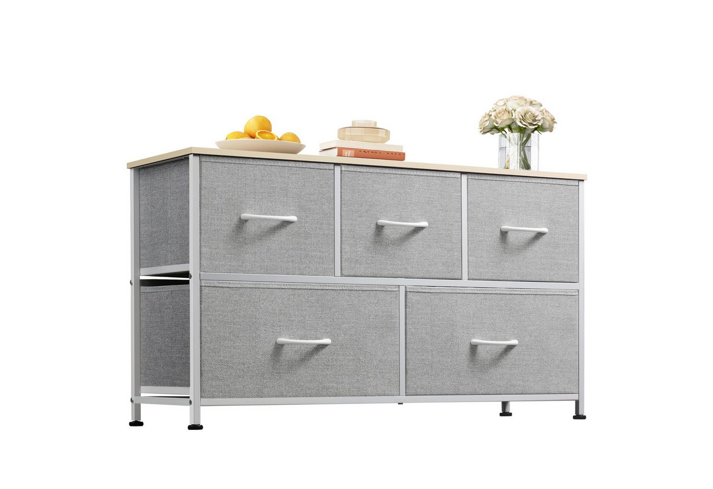 WLIVE Kommode Kommoden mit 5 Schubladen für schlafzimmer (Stauraumschrank Kommode mit Stoffschubladen), Kommode Wohnzimmer, mit Stabiler Stahlrahmen und Holzplatte von WLIVE