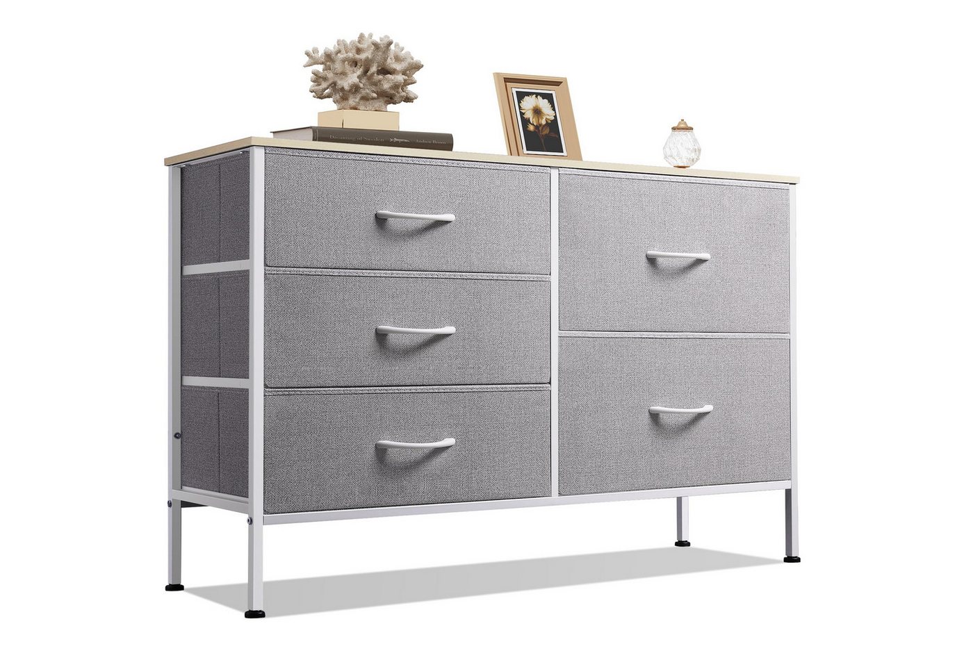 WLIVE Kommode Kommoden mit 5 Schubladen für schlafzimmer (Stauraumschrank Kommode mit Stoffschubladen, 5 Stoffschubladen), Kommode Wohnzimmer, mit Stabiler Stahlrahmen und Holzplatte von WLIVE