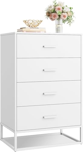 WLIVE Holz kommode für Schlafzimmer mit 4 Schubladen, Nachttisch, Kommode, hohe Kommode mit Schubladen und stabilem Metallrahmen für Flur, Wohnzimmer, Schrank, weiß von WLIVE