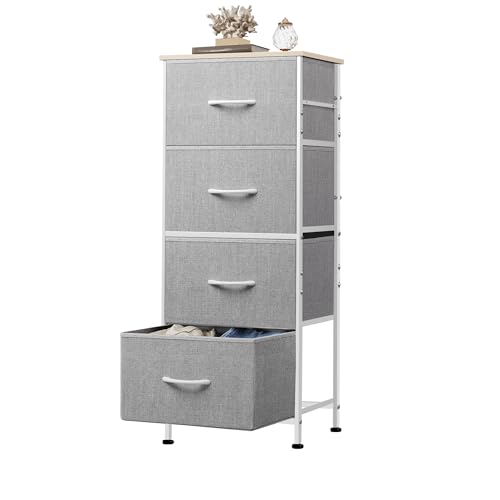 WLIVE Kommode mit 4 Schubladen aus Stoff, Kommodenschrank für Schlafzimmer, Kommode Wohnzimmer, mit Stabiler Stahlrahmen, Holzplatte, Hellgrau von WLIVE