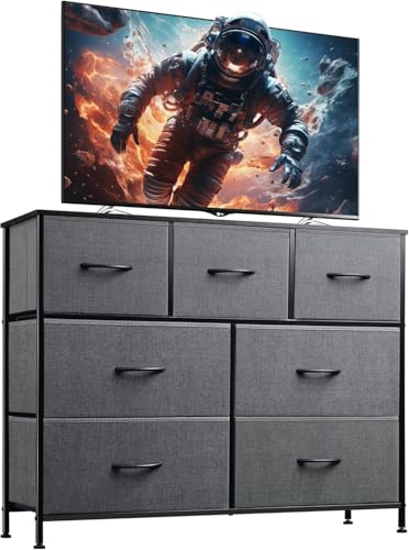 WLIVE Kommode mit Schubladen aus Stoff, Kommodenschrank für Schlafzimmer, Kommode Wohnzimmer, mit Stabiler Stahlrahmen (Dunkelgrau, 7 Schubladen) von WLIVE