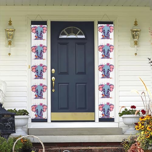 2 Stück Willkommens-Türbanner Blume Cartoon Elefant Veranda Schild Hawaii-Dekorationen Flaggen Frühling Sommer Dekor Hintergrund Wandbehang Banner für Outdoor Home Tropical Yard Party Decor Supplies von WLKSNBVD