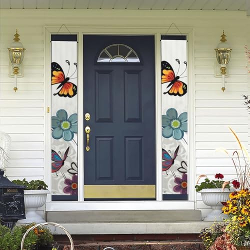 2 Stück Willkommens-Türbanner Cartoon Schmetterling Blumen Veranda Schild Hawaii-Dekorationen Flaggen Frühling Sommer Dekor Hintergrund Wandbehang Banner für Outdoor Home Tropical Yard Party Decor von WLKSNBVD