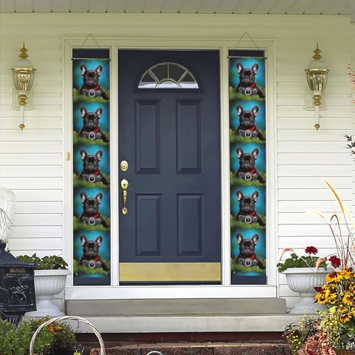 2 Stück Willkommens-Türbanner Französische Bulldogge Welpe mit Kamera Veranda Schild Hawaii-Dekorationen Flaggen Frühling Sommer Dekor Hintergrund Wandbehang Banner für Outdoor Home Tropical Yard von WLKSNBVD
