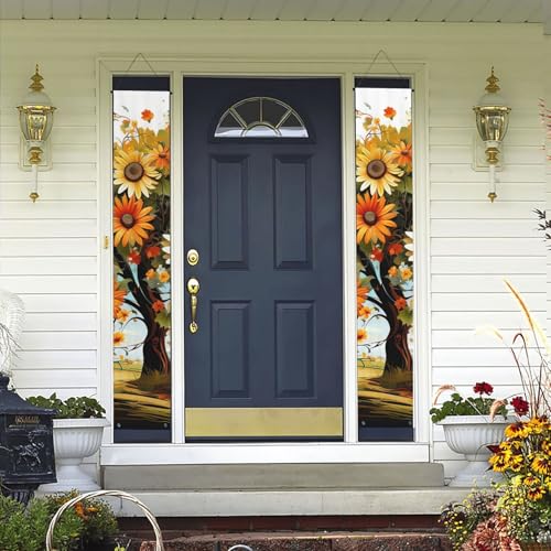 2 Stück Willkommens-Türbanner Gänseblümchen Schmetterlinge Marienkäfer Insekten Veranda Schild Hawaii-Dekorationen Flaggen Frühling Sommer Dekor Hintergrund Wandbehang Banner für Outdoor Home Tropical von WLKSNBVD